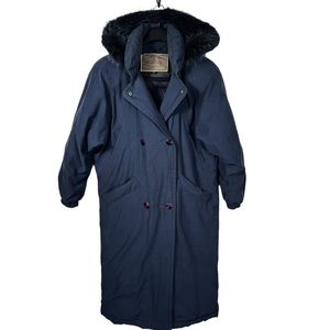 Vintage long puffy down coat UTEX navy blue full-length removable hood size 10
